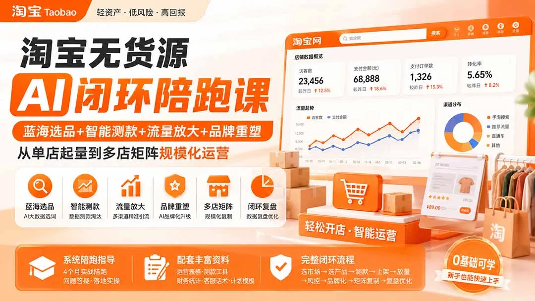 淘宝无货源AI闭环陪跑课:蓝海选品+智能测款+流量放大+品牌重塑,从单店起量到多店矩阵规模化运营-智富思维学堂