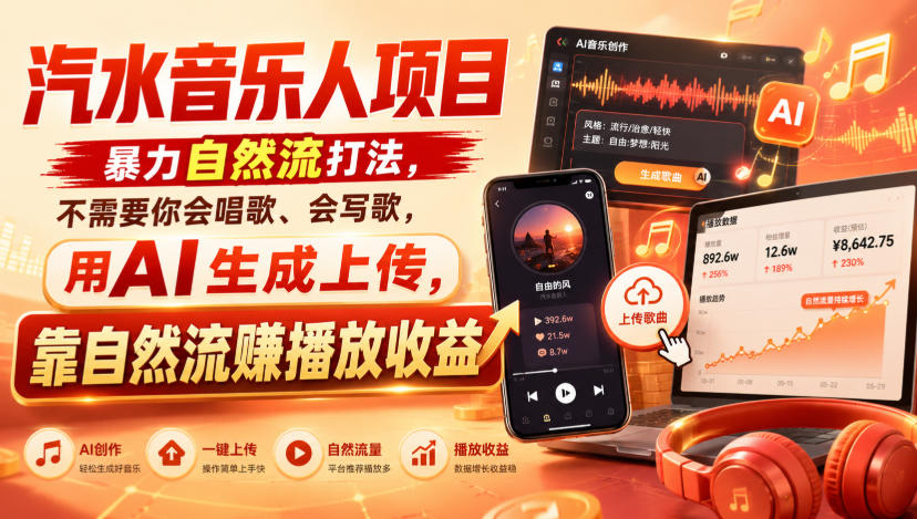 汽水音乐人项目,暴力自然流打法,不需要你会唱歌、会写歌,用AI生成上传,靠自然流賺播放收益-智富思维学堂