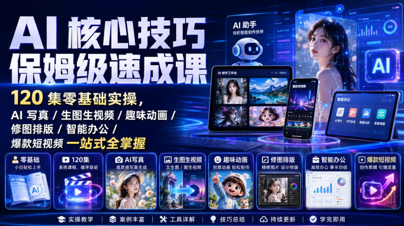 AI核心技巧保姆级速成课｜120集零基础实操，AI写真/生图生视频/趣味动画/修图排版/智能办公/爆款短视频一站式全掌握(更新)-智富思维学堂