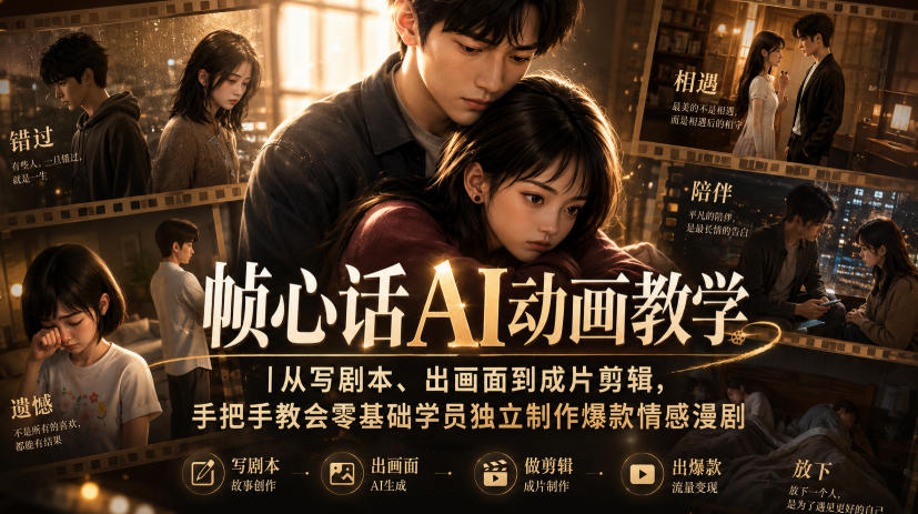 帧心话AI动画教学|从写剧本、出画面到成片剪辑,手把手教会零基础学员独立制作爆款情感漫剧-智富思维学堂