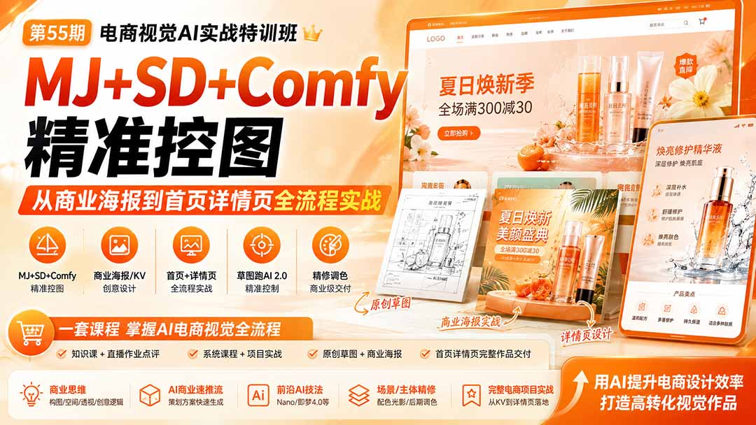 电商视觉 AI实战训练营第55期：MJ+SD+Comfy精准控图，从商业海报到首页详情页全流程实战-智富思维学堂
