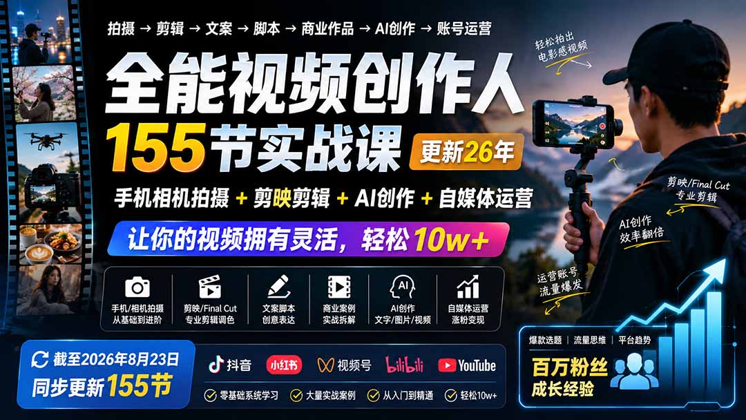 图片[2]-全能视频创作人155节实战课-更新26年8月：手机相机拍摄+剪映剪辑+AI创作+自媒体运营，让你的视频拥有灵活，轻松10w-智富思维学堂