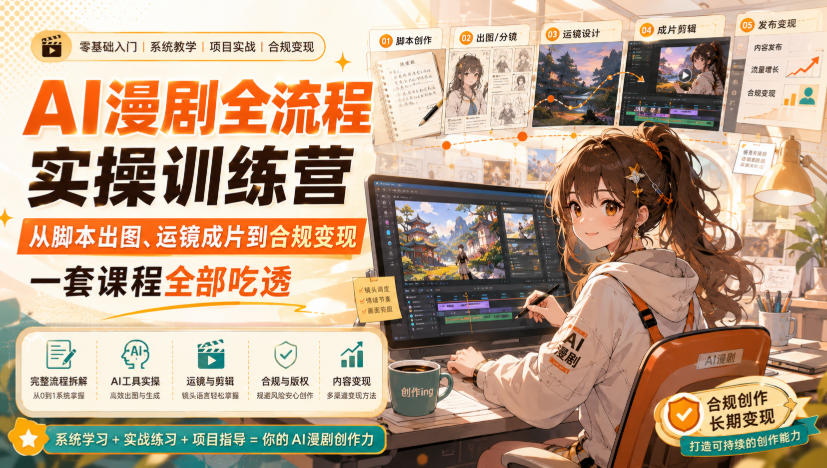 AI漫剧全流程实操训练营,从脚本出图、运镜成片到合规变现,一套课程全部吃透-智富思维学堂