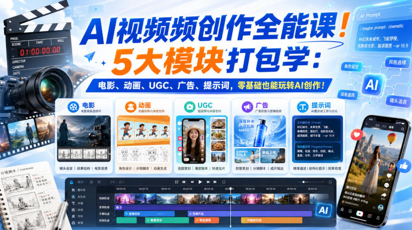 AI视频频创作全能课!5大模块打包学:电影、动画、UGC、广告、提示词,零基础也能玩转AI创作!【原创双语字幕】-智富思维学堂
