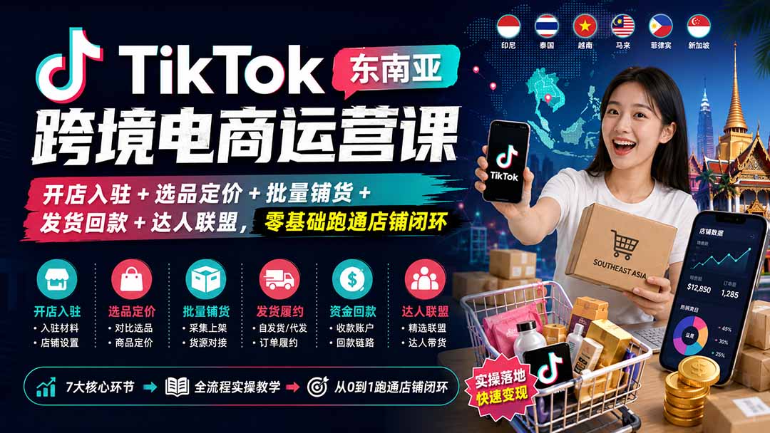 TikTok东南亚跨境电商运营课：开店入驻+选品定价+批量铺货+发货回款+达人联盟，零基础跑通店铺闭环-智富思维学堂