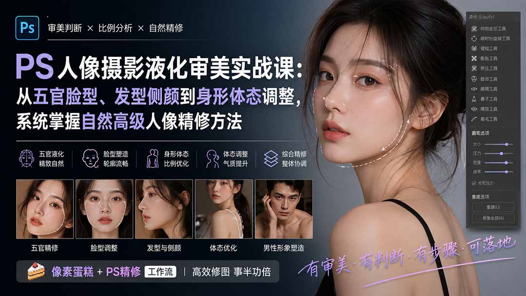 PS人像摄影液化审美实战课：从五官脸型、发型侧颜到身形体态调整，系统掌握自然高级人像精修方法-智富思维学堂