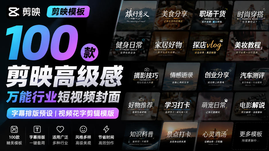 【剪映模板】100款剪映高级感万能行业短视频封面字幕排版预设视频花字剪辑模版-智富思维学堂