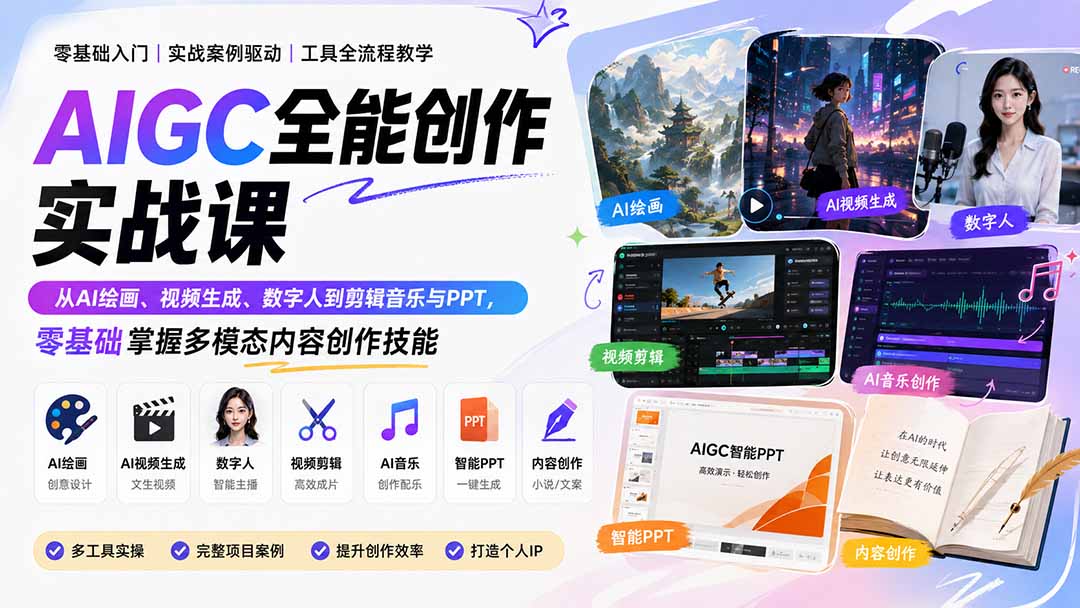 图片[2]-AIGC全能创作实战课：从AI绘画、视频生成、数字人到剪辑音乐与PPT，零基础掌握多模态内容创作技能-智富思维学堂