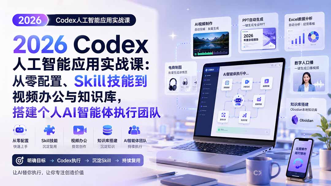 2026 Codex人工智能应用实战课:从零配置、Skill技能到视频办公与知识库,搭建个人AI智能体执行团队-智富思维学堂