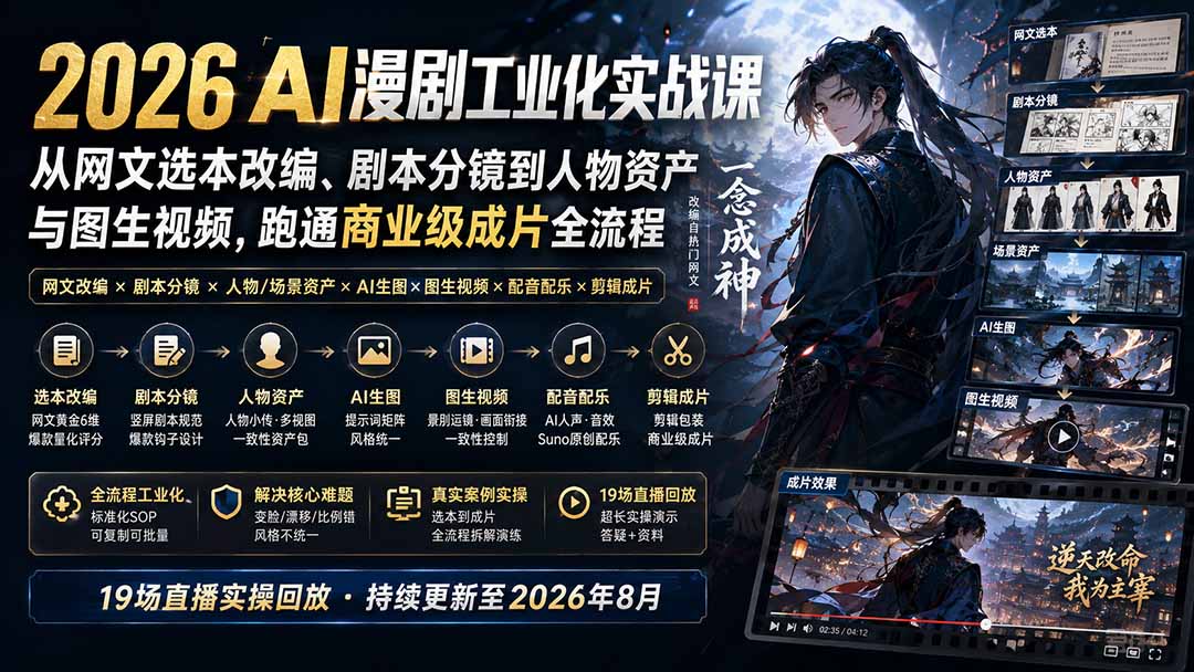 2026 AI漫剧工业化实战课-更新:从网文选本改编、剧本分镜到人物资产与图生视频,跑通商业级成片全流程-智富思维学堂