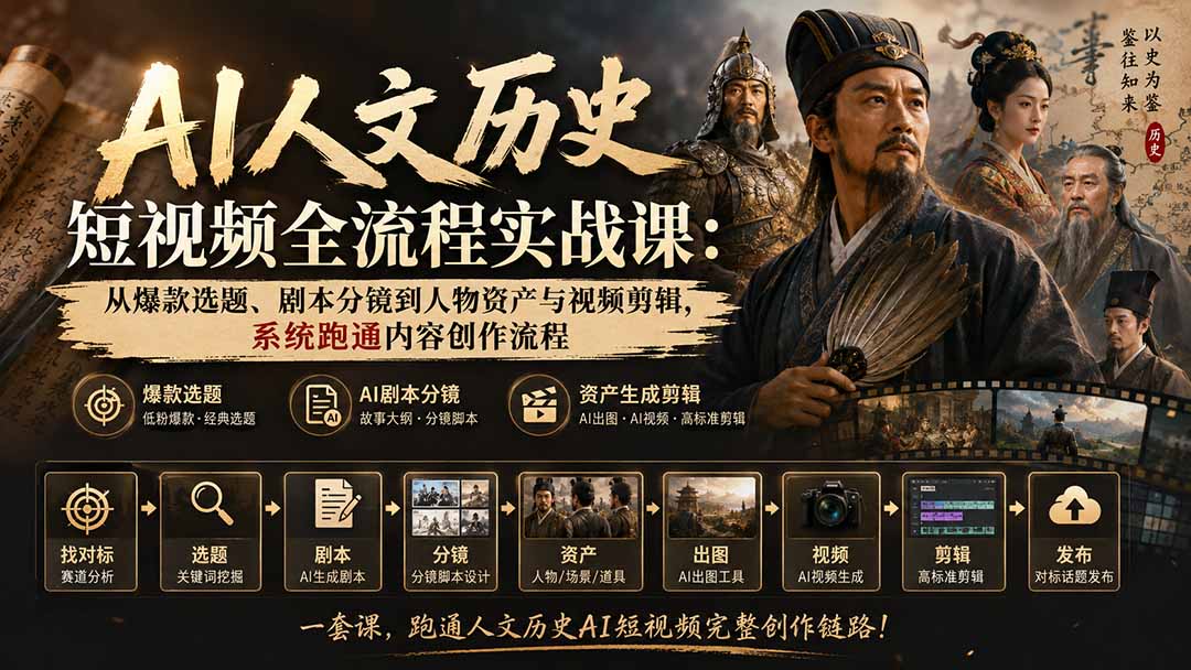 图片[2]-AI人文历史短视频全流程实战课：从爆款选题、剧本分镜到人物资产与视频剪辑，系统跑通内容创作流程-智富思维学堂