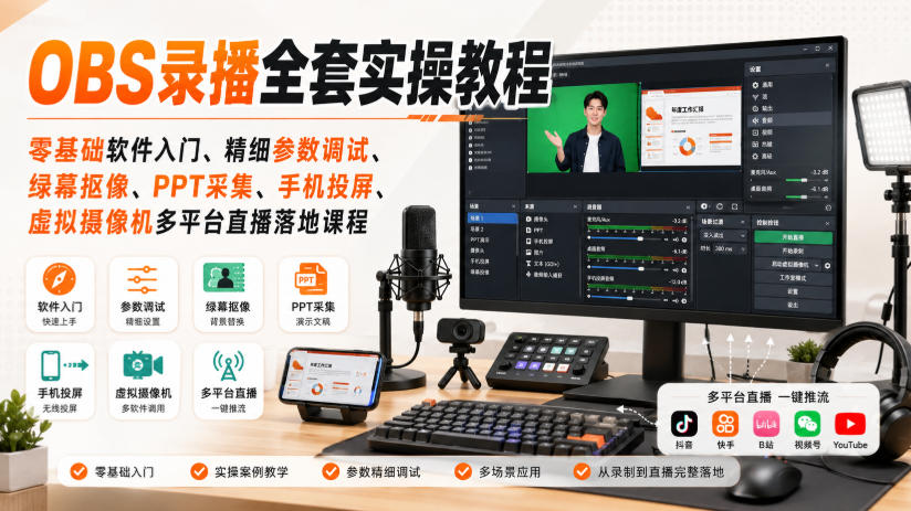 OBS录播全套实操教程|零基础软件入门、精细参数调试、绿幕抠像、手机投屏、虚拟摄像机多平台直播落地课程-智富思维学堂