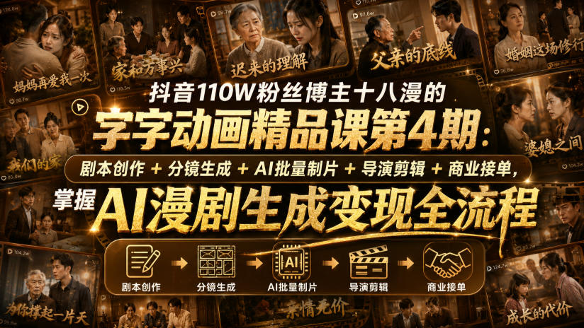 抖音110W粉丝博主十八漫的字字动画精品课第4期:剧本创作+分镜生成+剪辑+商业接单,掌握AI漫剧生成变现全流程-智富思维学堂