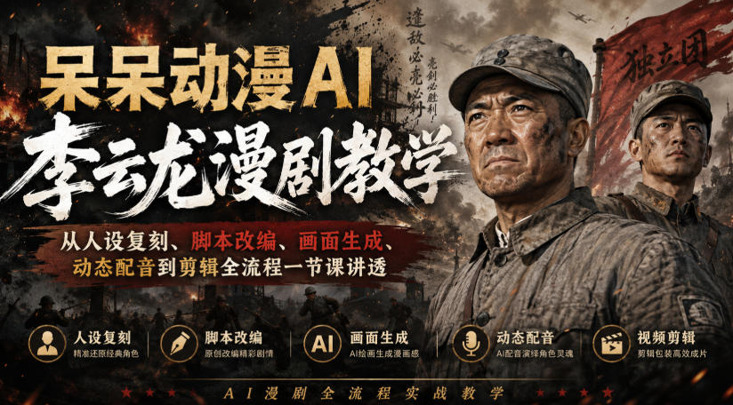 呆呆动漫AI李云龙漫剧教学,从人设复刻、脚本改编、画面生成、动态配音到剪辑全流程一节课讲透-智富思维学堂