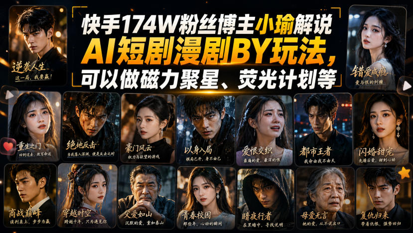 快手174W粉丝博主小瑜解说AI短剧漫剧搬运玩法,可以做磁力聚星、荧光计划等-智富思维学堂