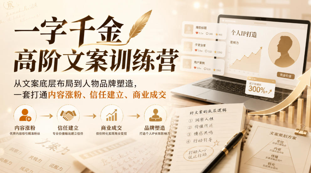 一字千金高阶文案训练营,从文案底层布局到人物品牌塑造,一套打通内容涨粉、信任建立、商业成交-智富思维学堂
