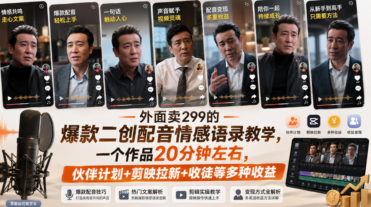 外面卖299的爆款二创配音情感语录教学,一个作品20分钟左右,伙伴计划+剪映拉新+收徒等多种收益-智富思维学堂