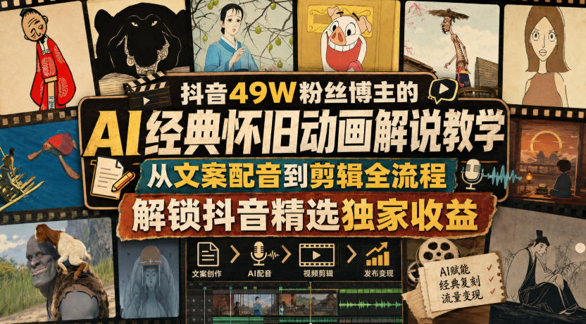 抖音49W粉丝博主的AI经典怀旧动画解说教学,从文案配音到剪辑全流程,解锁抖音精选独家收益-智富思维学堂