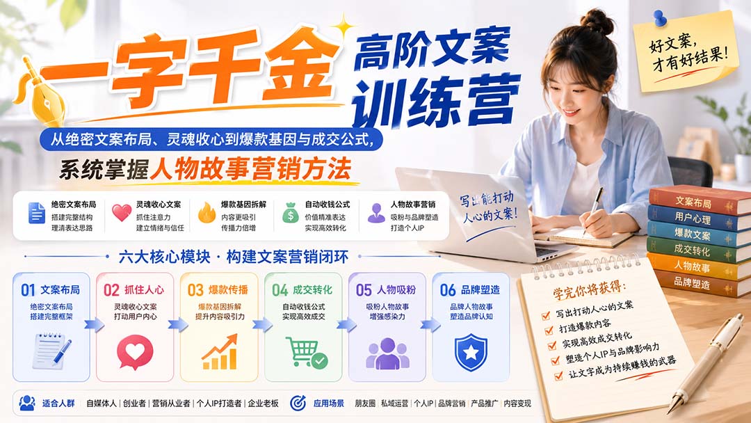 一字千金高阶文案训练营:从绝密文案布局、灵魂收心到爆款基因与成交公式,系统掌握人物故事营销方法-智富思维学堂