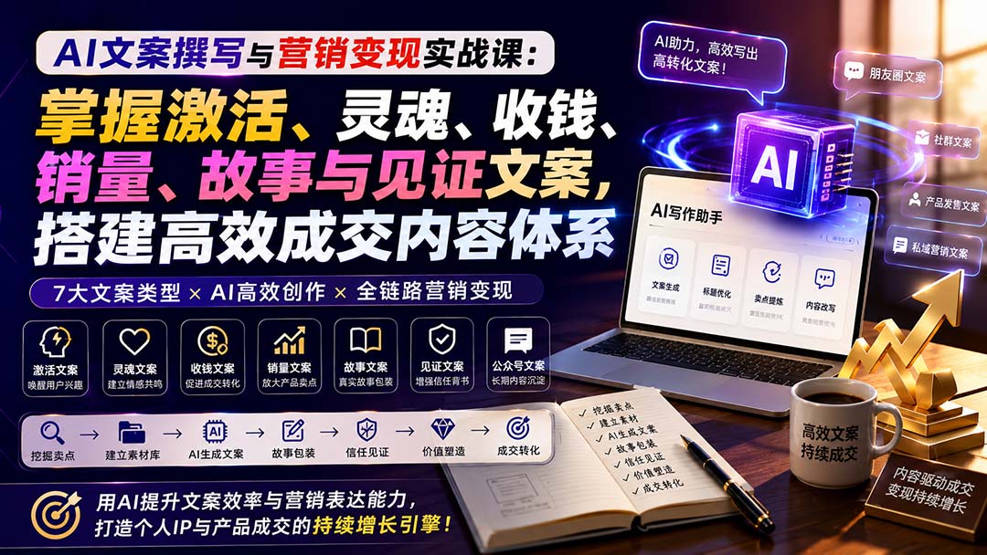 AI文案撰写与营销变现实战课:掌握激活、灵魂、收钱、销量、故事与见证文案,搭建高效成交内容体系-智富思维学堂
