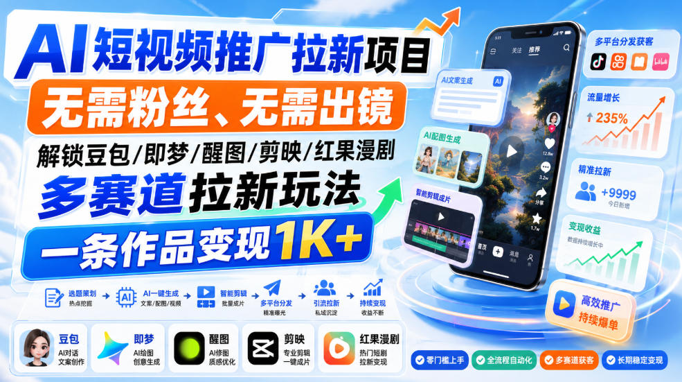 AI短视频推广拉新项目,无需粉丝、无需出镜,解锁豆包/即梦/醒图/剪映/红果漫剧多赛道拉新玩法,一条作品变现1K+-智富思维学堂
