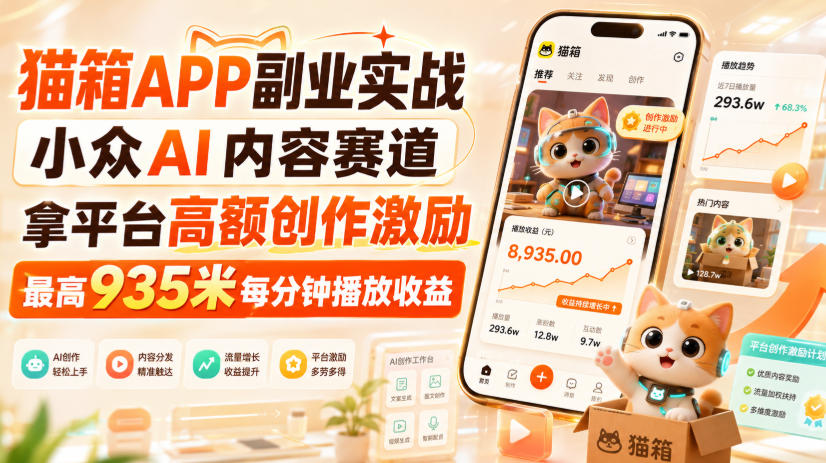 猫箱APP副业实战,小众AI内容赛道,拿平台高额创作激励,最高935米每分钟播放收益-智富思维学堂
