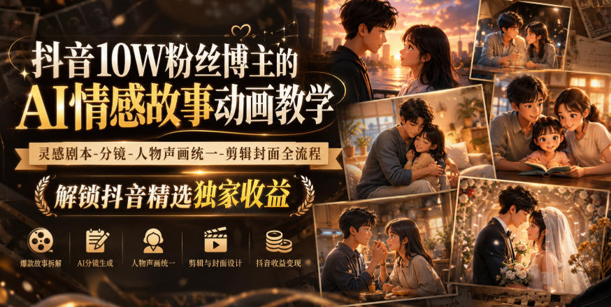 抖音10W粉丝博主的AI情感故事动画教学,灵感剧本‑分镜‑人物声画统一‑剪辑封面全流程,解锁抖音精选独家收益-智富思维学堂