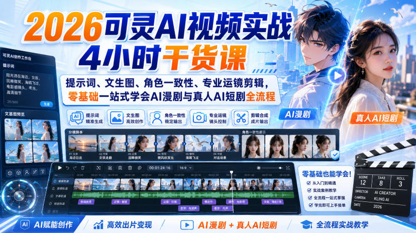 2026可灵AI视频实战4小时干货课|提示词、文生图、角色一致性、专业运镜剪辑,零基础一站式学会AI漫剧与真人AI短剧全流程-智富思维学堂