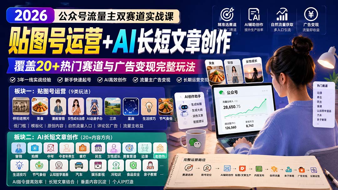 公众号流量主双赛道实战课：贴图号运营+AI长短文章创作，覆盖20+热门赛道与广告变现完整玩法-智富思维学堂