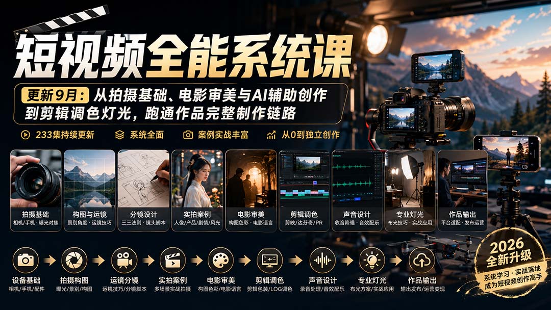 短视频全能系统课-更新8月233集：从拍摄基础、电影审美与AI辅助创作到剪辑调色灯光，跑通作品完整制作链路-智富思维学堂