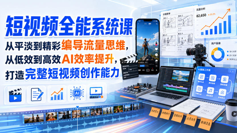 短视频全能系统课，从平淡到精彩编导流量思维，从低效到高效AI效率提升，打造完整短视频创作能力(2026年8月30更新233集)-智富思维学堂
