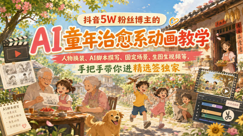 抖音5W粉丝博主的AI童年治愈系动画教学,人物换装、AI脚本撰写、固定场景、生图生视频等,手把手带你进精选签独家-智富思维学堂
