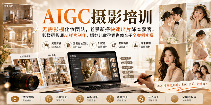 AIGC摄影培训|无需影棚化妆团队,老景新搭快速出片降本获客,影楼摄影师AI样片制作,婚纱儿童孕妈肖像亲子全案例实操-智富思维学堂