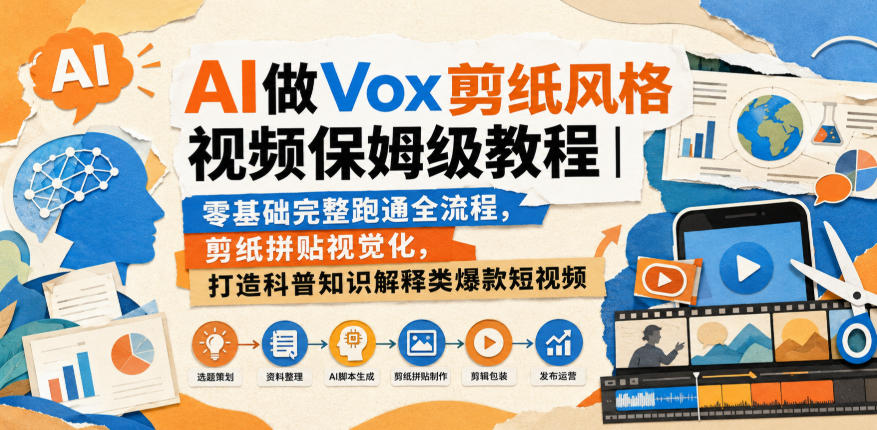 AI做Vox剪纸风格视频保姆级教程|零基础完整跑通全流程,剪纸拼贴视觉化,打造科普知识解释类爆款短视频-智富思维学堂