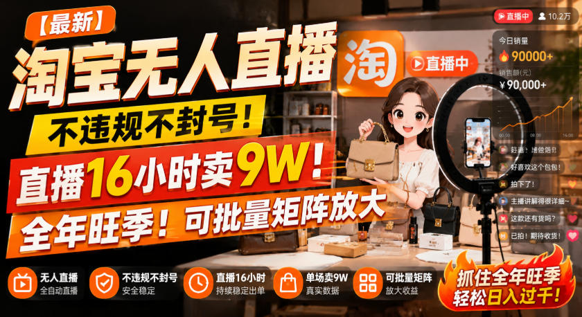 【最新】淘宝无人直播,不违规不封号,直播16小时卖9W,全年旺季!可批量矩阵放大【揭秘】-智富思维学堂