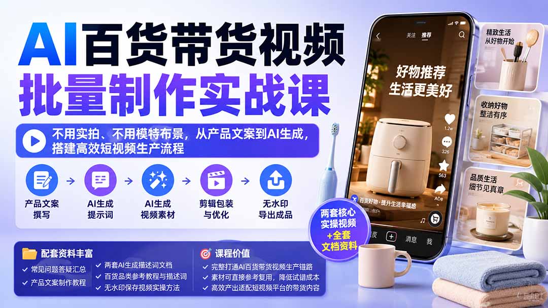 AI百货带货视频批量制作实战课:不用实拍、不用模特布景,从产品文案到AI生成,搭建高效短视频生产流程-智富思维学堂