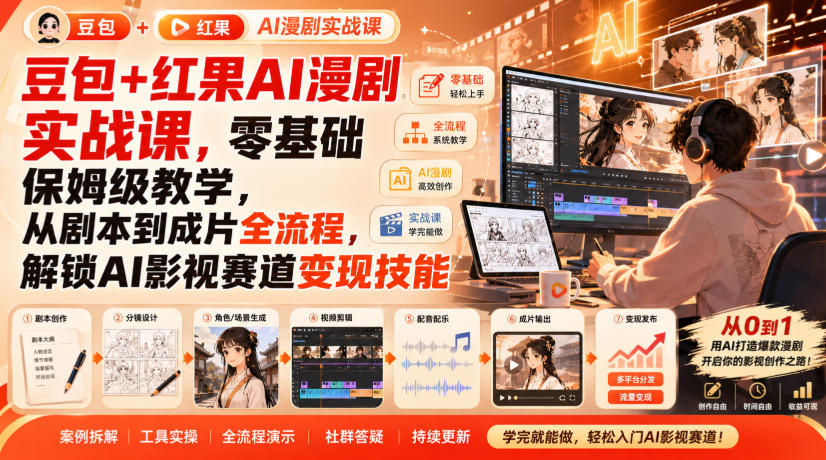 豆包+红果AI漫剧实战课,零基础保姆级教学,从剧本到成片全流程,解锁AI影视赛道变现技能-智富思维学堂