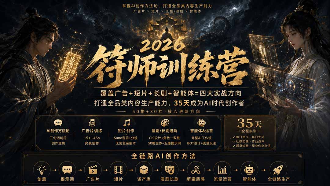符师训练营-35天成为AI时代创作者,广告+短片+漫剧+智能体四大实战方向,掌握从创意到上线的完整工作流-智富思维学堂