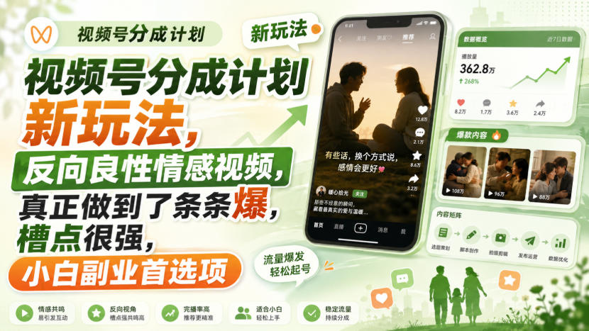 视频号分成计划新玩法，反向良性情感视频，真正做到了条条爆，槽点很强，小白副业首选项-智富思维学堂