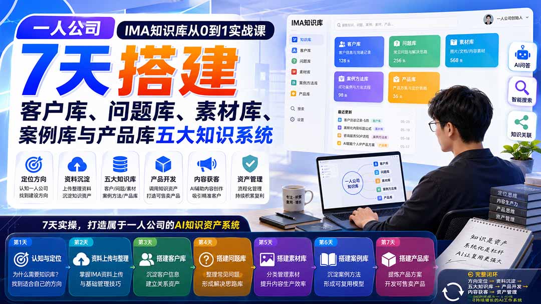 一人公司IMA知识库从0到1实战课:7天搭建客户库、问题库、素材库、案例库与产品库五大知识系统-智富思维学堂