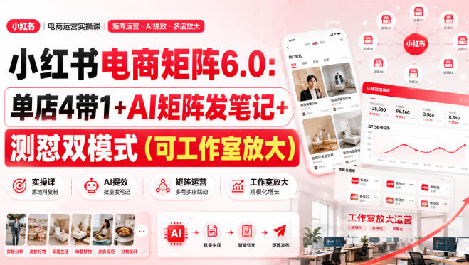 小红书电商矩阵6.0：单店4带1+AI矩阵发笔记+测怼双模式(可工作室放大)-智富思维学堂