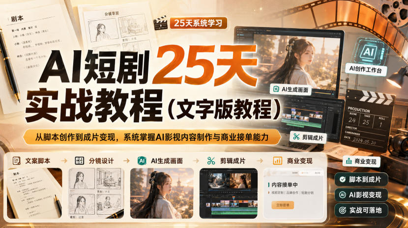 AI短剧25天实战教程(文字版教程),从脚本创作到成片变现,系统掌握AI影视内容制作与商业接单能力-智富思维学堂