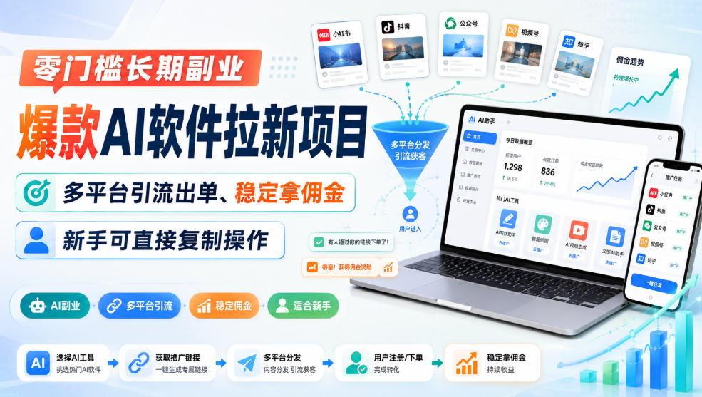 零门槛长期副业,爆款AI软件拉新项目,多平台引流出单、稳定拿佣金,新手可直接复制操作-智富思维学堂