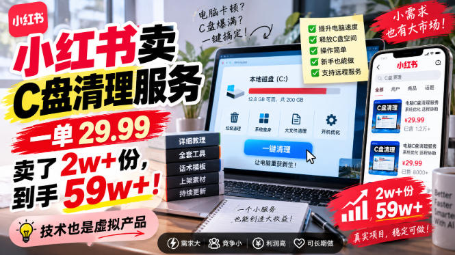 小红书卖C盘清理服务，一单29.99，卖了2w+份，技术也是虚拟产品-智富思维学堂