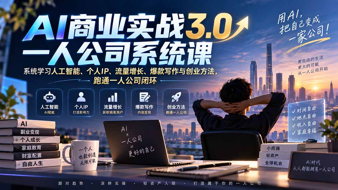 AI商业实战3.0一人公司系统课：系统学习人工智能、个人IP、流量增长、爆款写作与创业方法，跑通一人公司闭环-智富思维学堂