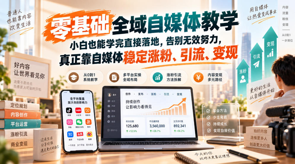 零基础全域自媒体教学,小白也能学完直接落地,告别无效努力,真正靠自媒体稳定涨粉、引流、变现-智富思维学堂