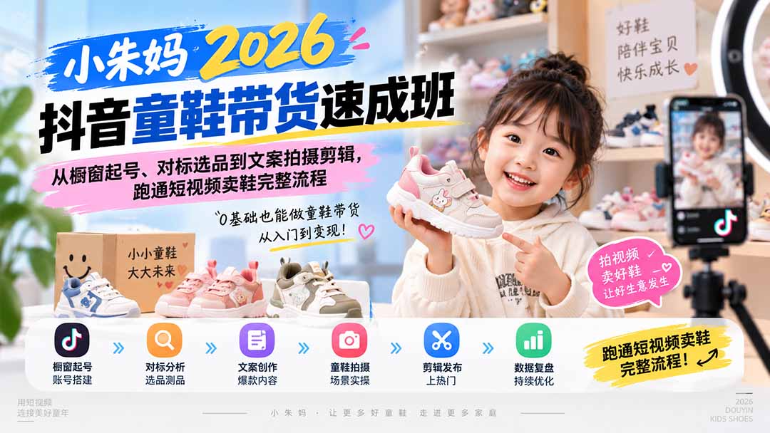小朱妈2026抖音童鞋带货速成班：从橱窗起号、对标选品到文案拍摄剪辑，跑通短视频卖鞋完整流程-智富思维学堂