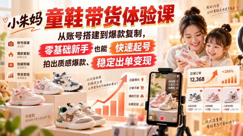 小朱妈童鞋带货体验课,从账号搭建到爆款复制,零基础新手也能快速起号、拍出质感爆款、稳定出单变现-智富思维学堂