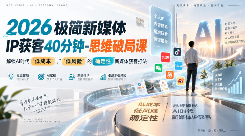 2026极简新媒体IP获客40分钟-思维破局课,解锁Ai时代“低成本”、“低风险”的确定性新媒体获客打法-智富思维学堂
