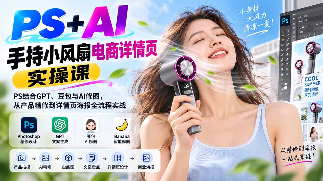 图片[2]-PS+AI手持小风扇电商详情页实操课：PS结合GPT、豆包与AI修图，从产品精修到详情页海报全流程实战-智富思维学堂